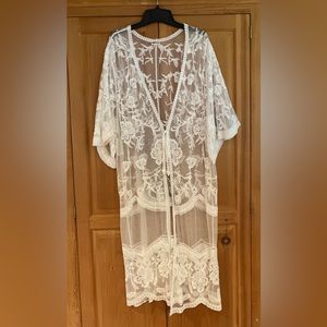 Dizzire White Lace Mesh Kimono Robe Beach Wrap Medium